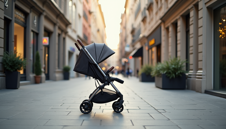 Eye-level view of a modern baby stroller parked on a city sidewalk