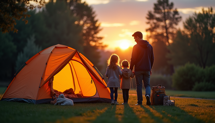 Wide angle view of a family setting up a tent in their backyard at sunset