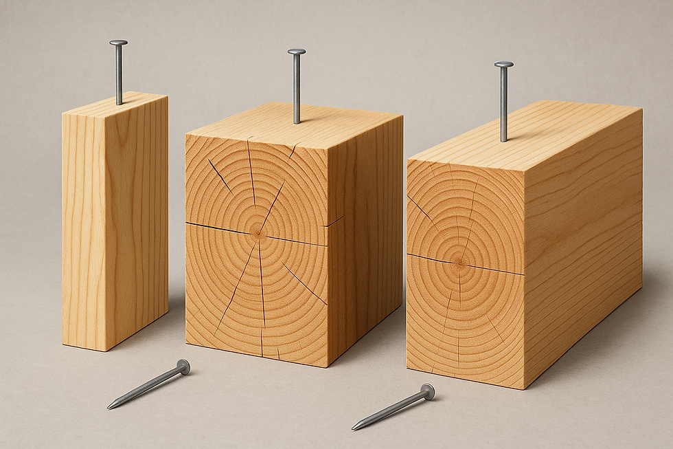 Representación gráfica del efecto de clavado en sus anillos y fibras considerados en la fabricación de empaques de madera como crates para servidores y tarimas. Se ven efectos Side y End Grain