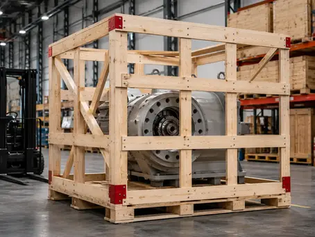 Huacal de madera industrial en almacén, diseñado para proteger productos visibles durante manejo, estiba y transporte.