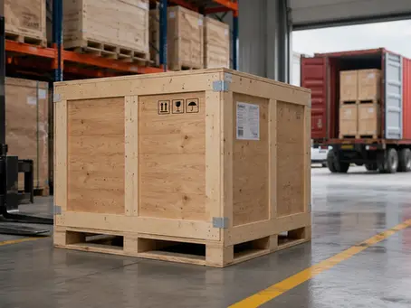 Cajón de madera para exportación en almacén industrial, diseñado para proteger productos durante estiba, manejo y transporte internacional.