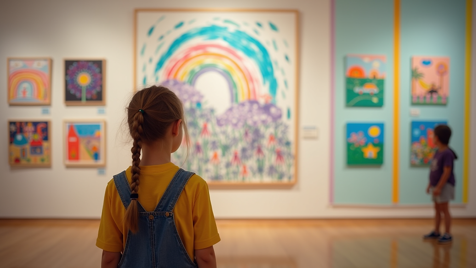 Eye-level view of a colorful children's artwork display in a gallery