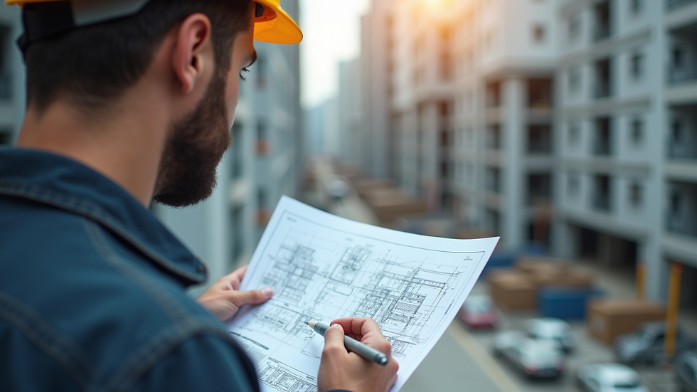 Close-up view of construction worker reviewing building plans