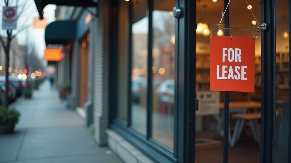 Eye-level view of a retail storefront with a "For Lease" sign