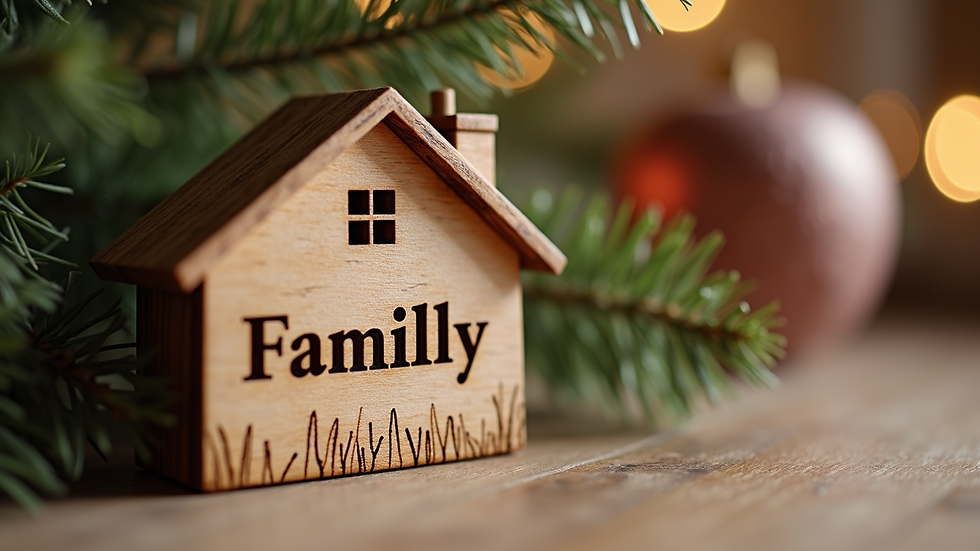 Eye-level view of a wooden ornament shaped like a house with a family name engraved