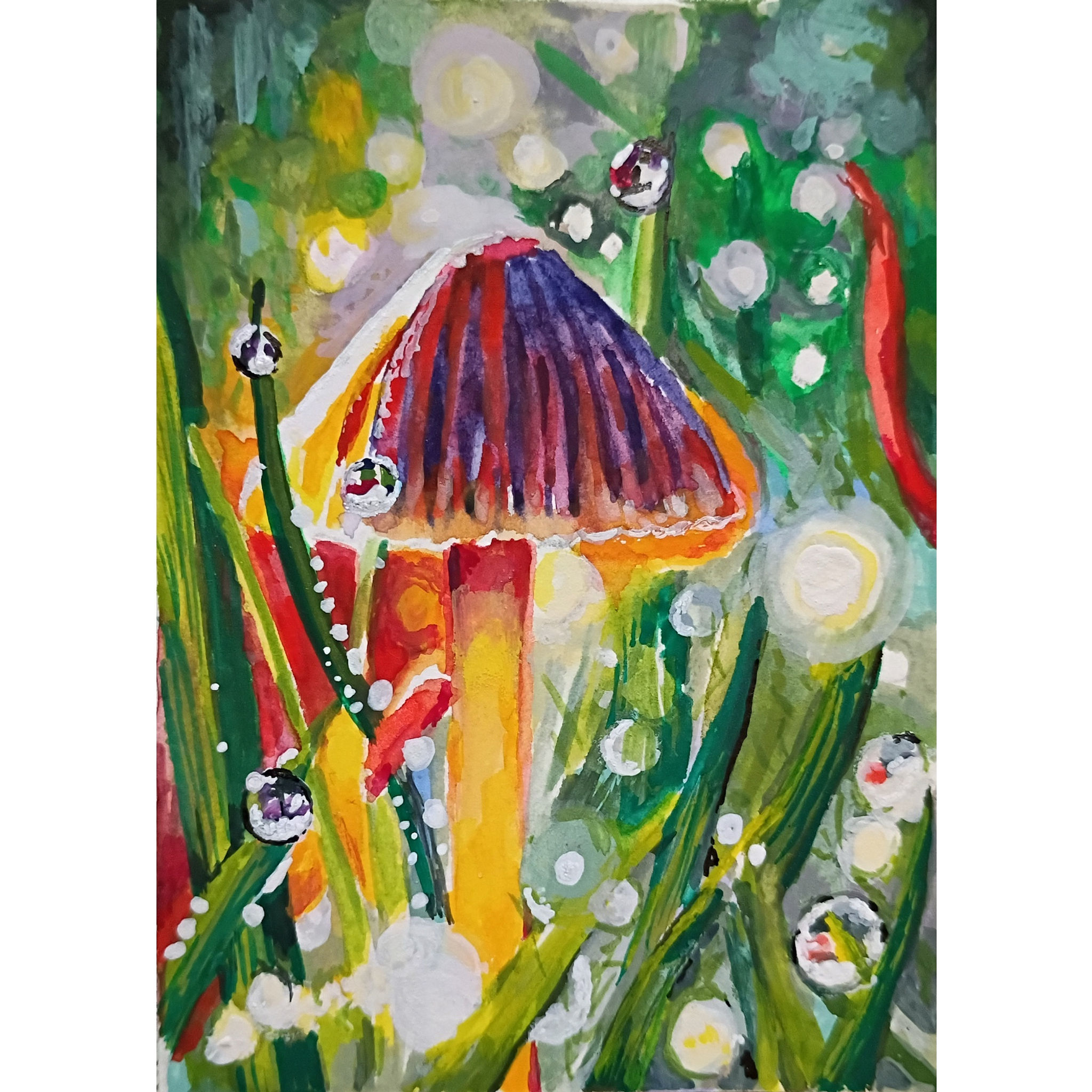 Dew Drops on Mushroom Gouache Painting Print