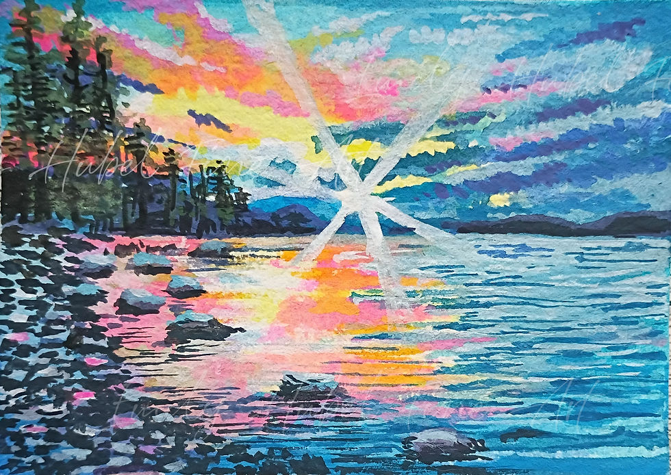 Thumbnail: Sunset on a Rocky Beach Gouache Painting Print