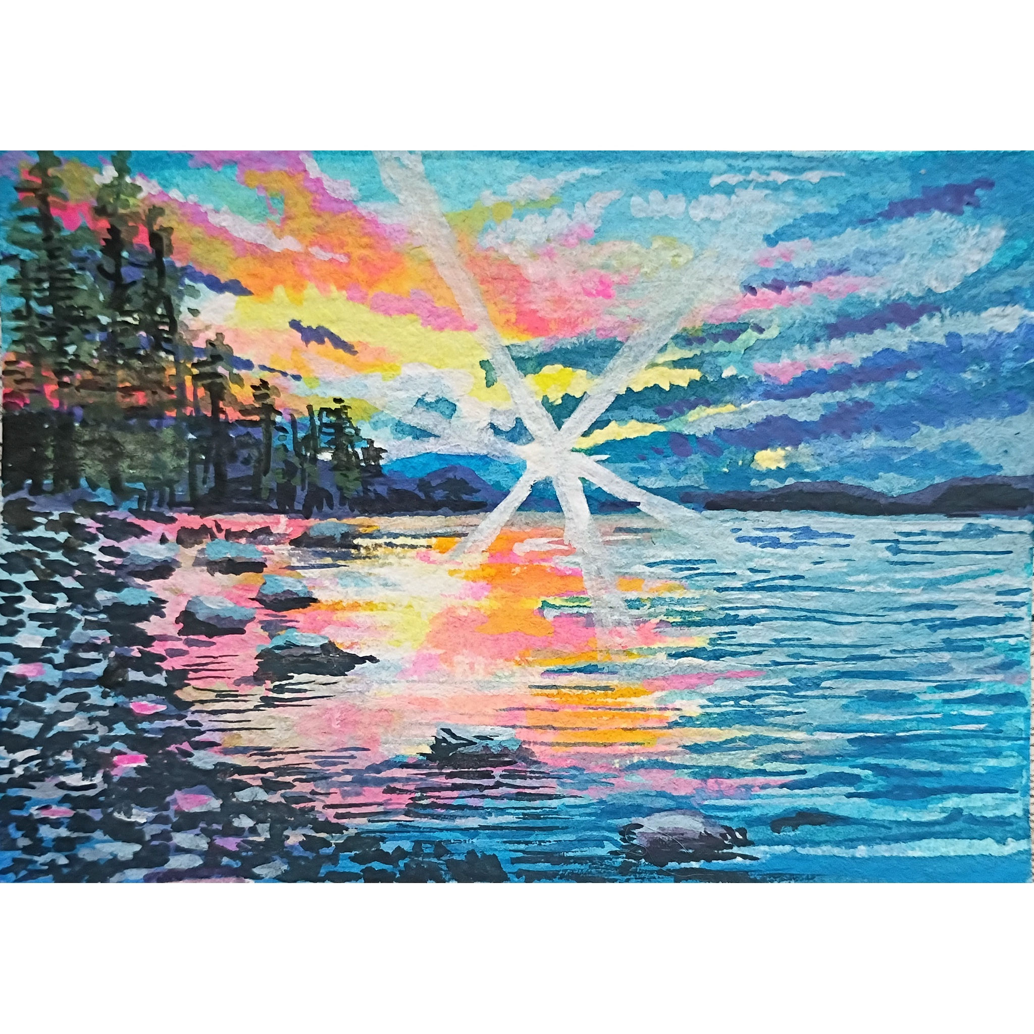 Sunset on a Rocky Beach Gouache Painting Print