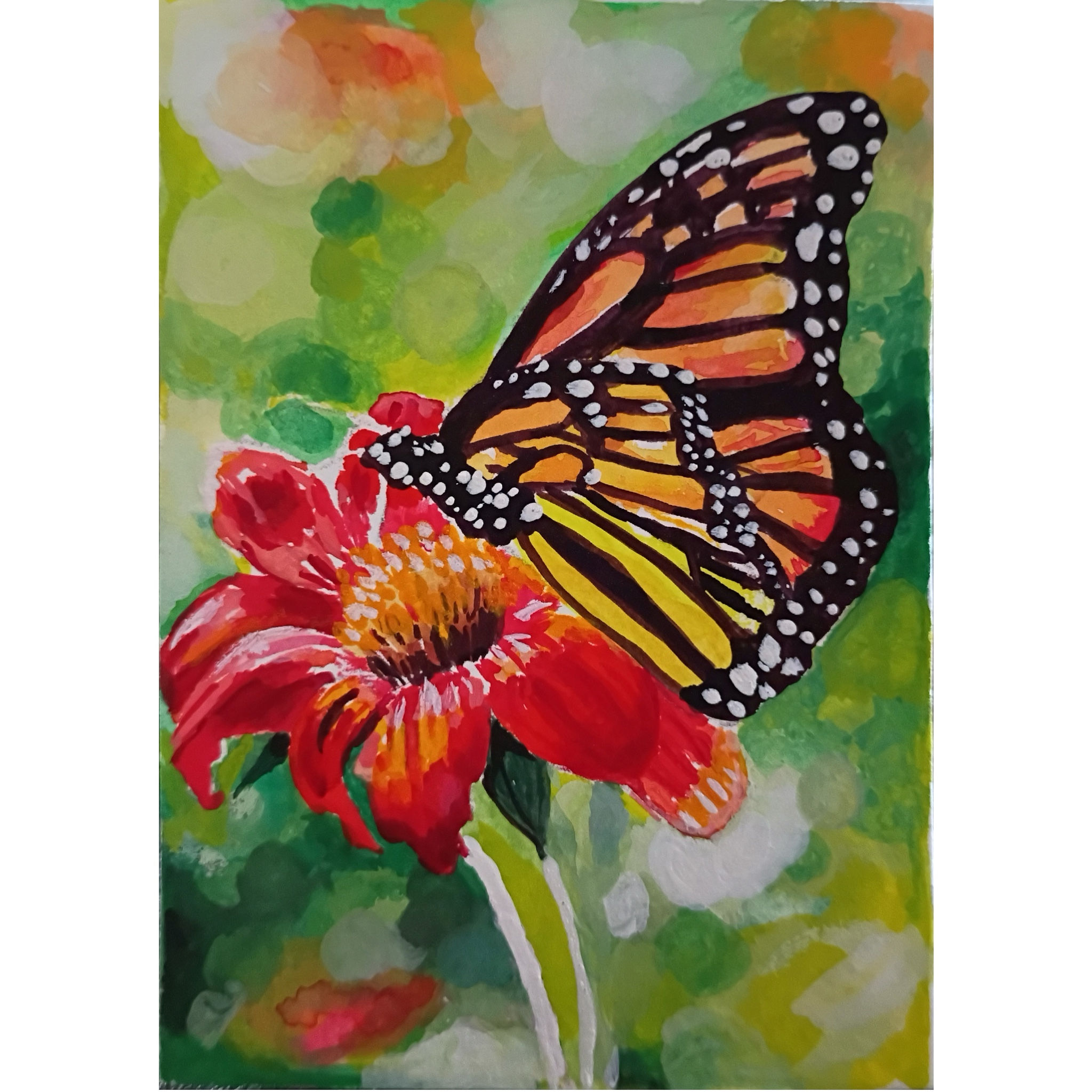 Monarch Butterfly on Red Flower Gouache Painting Print