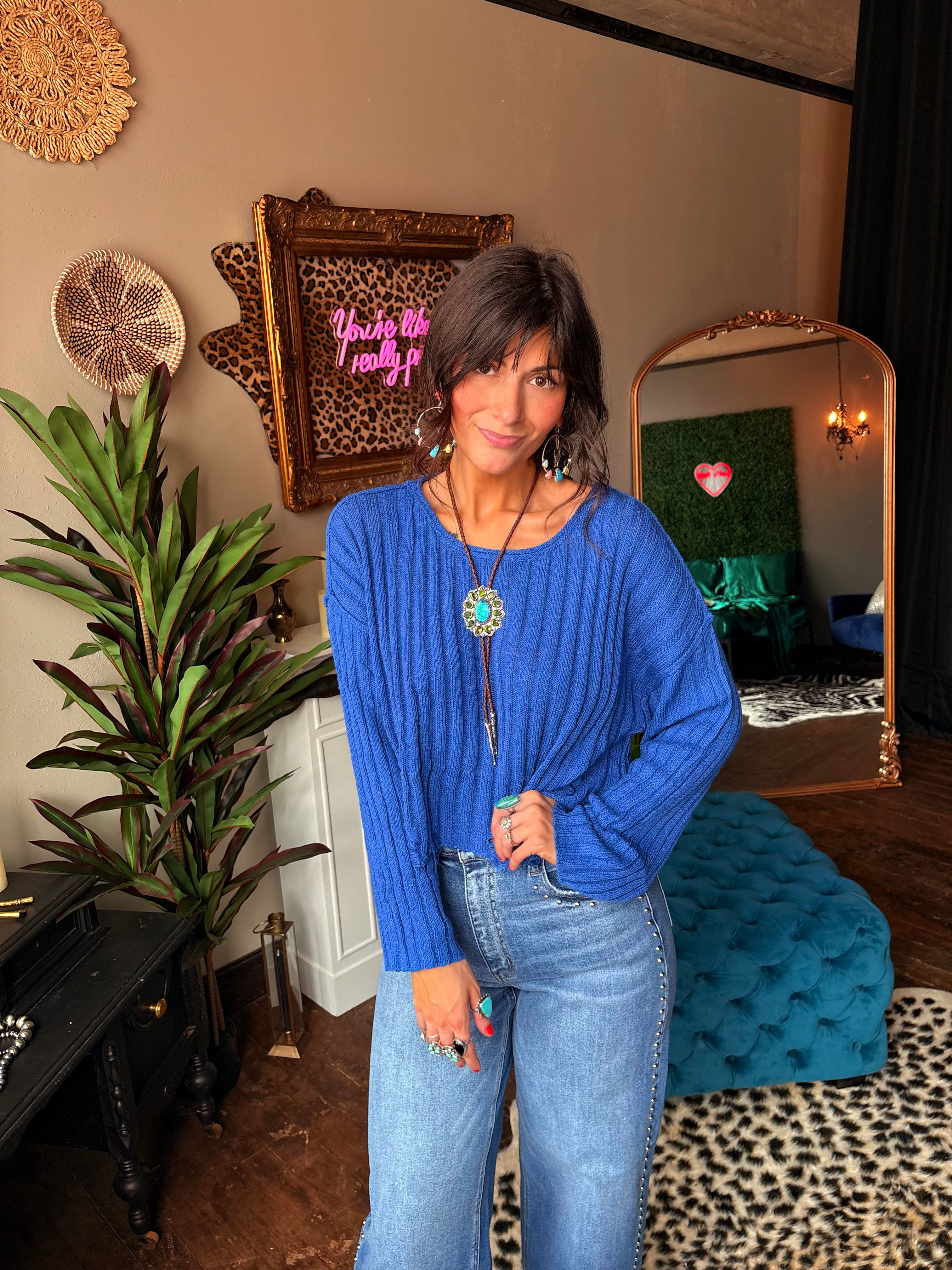 Distressed Cropped Sweater in Blue
