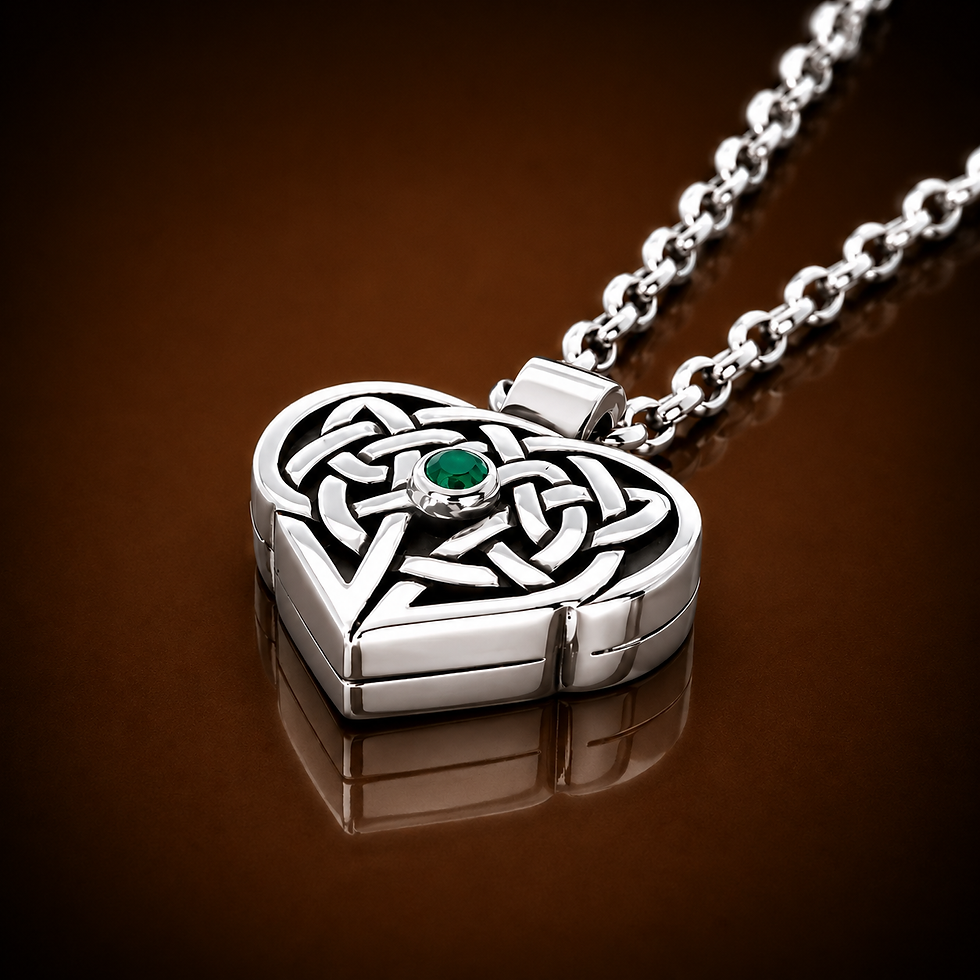 Emerald Stone set Celtic Heart Keepsake Pendant | flat angled view