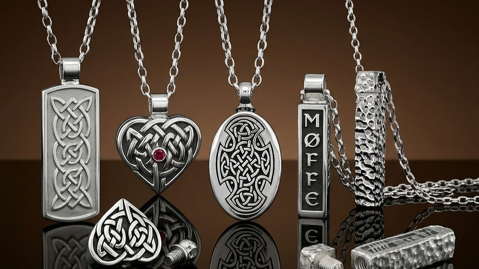 Selection of Sterling Silver Keepsake pendant on a brown backdrop.