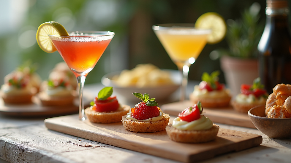 Eye-level view of a beautifully arranged table with colorful canapés and cocktails