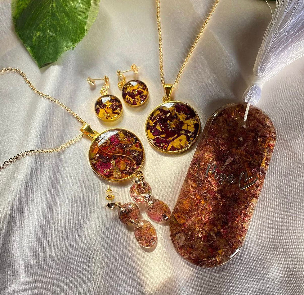 Thumbnail: Rose Preservation Bookmark, Earrings & Pendan