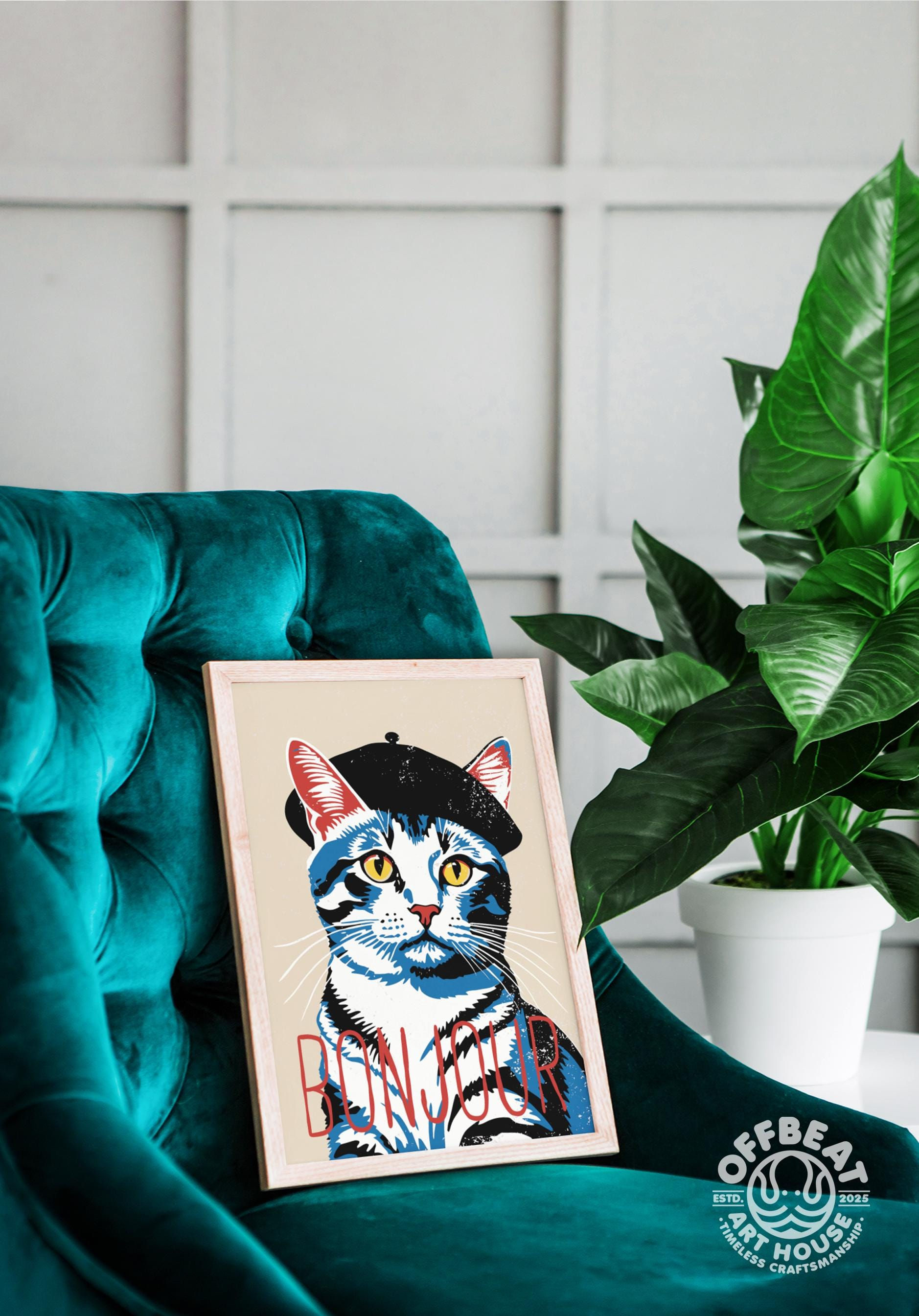 Unframed Bonjour Cat Poster | Funny Art Deco Wall Décor 2:3 | Cat Lover Gift