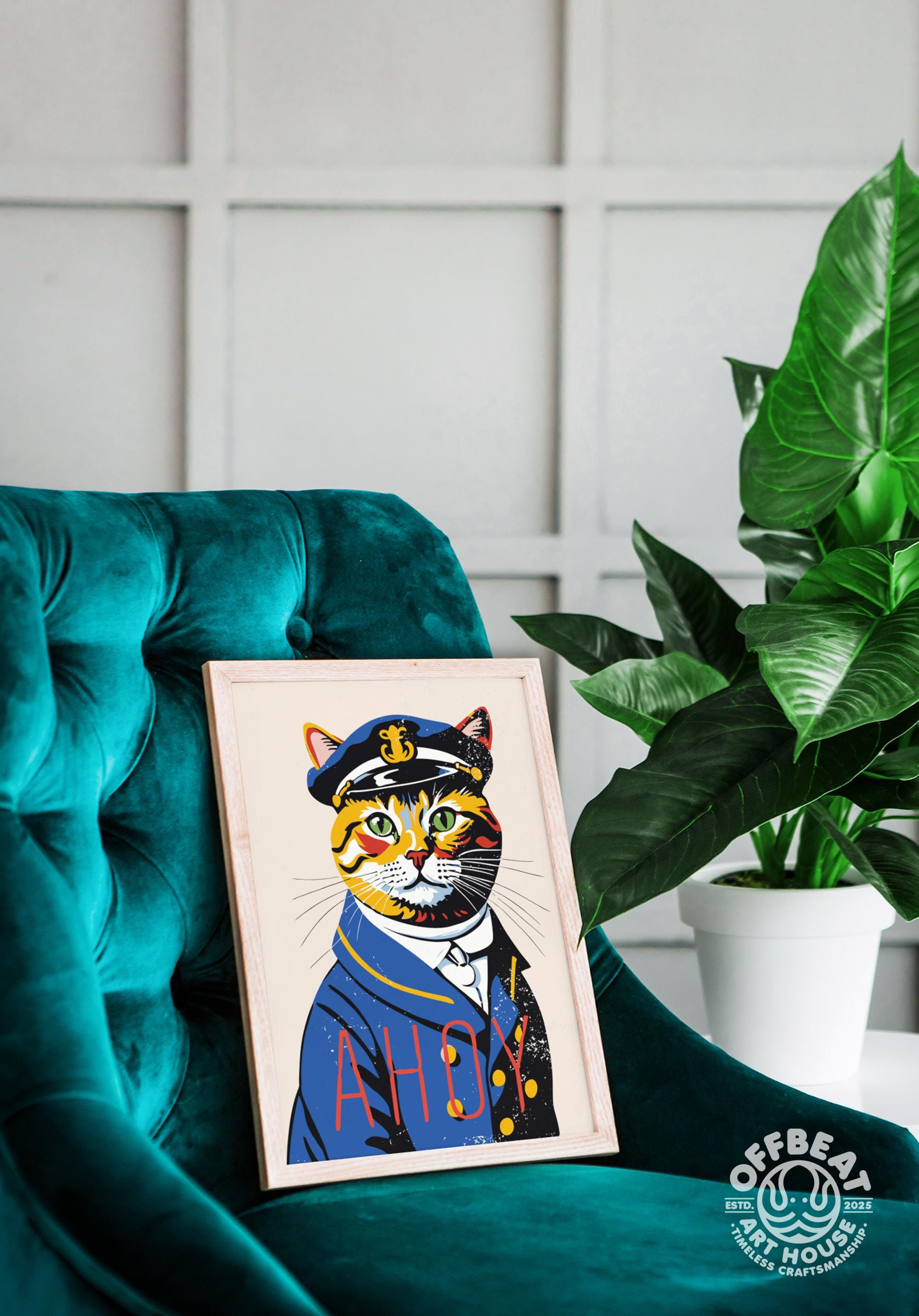 Unframed Ahoy Cat Poster | Funny Art Deco Wall Décor 4:5 | Cat Lover Gift