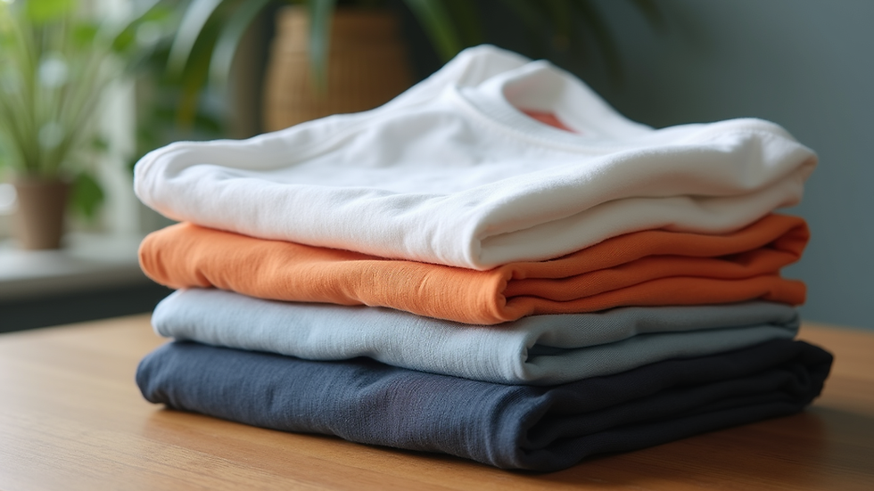 High angle view of folded cotton t-shirts in various sizes and colors