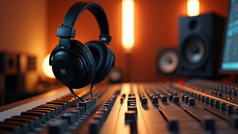 Vue en plongée d’un studio d’enregistrement avec casque et console audio