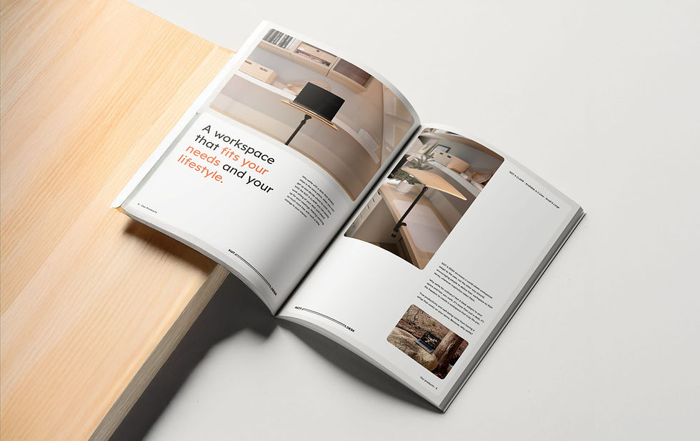 NOT A DESK brand magazine showcasing a modular workspace system, featuring flexible wooden desk solutions designed to adapt to different lifestyles and home office setups.