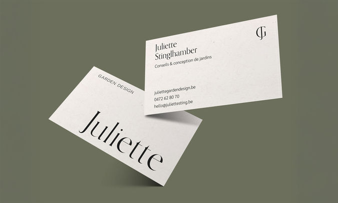 Juliette Garden Design business cards showcasing minimalist typography and brand identity