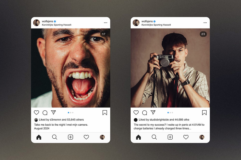 Instagram content mockup showcasing expressive portrait photography by WOLFS visual content creator, highlighting raw emotion, storytelling and sports-driven visual identity