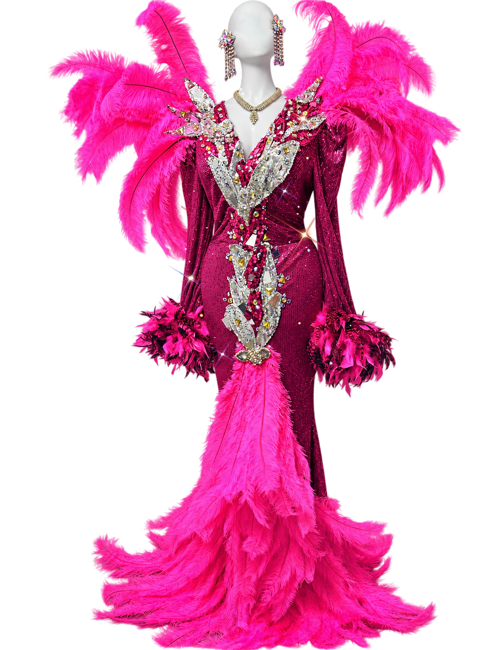 Pinkes Travestiekleid mit Federärmeln und Federschleppe von Tina Glamor