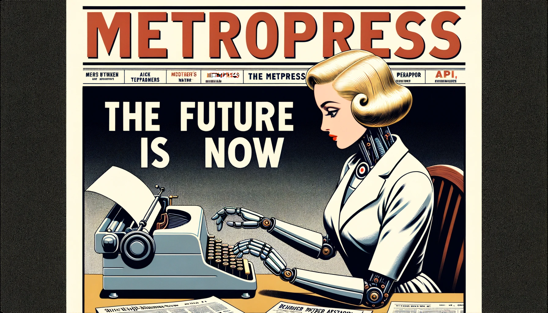 50-luvun tyylinen robottitoimittaja kirjoituskoneensa kimpussa. Työn alla olevan jutun otsikko on "The Future Is Now".