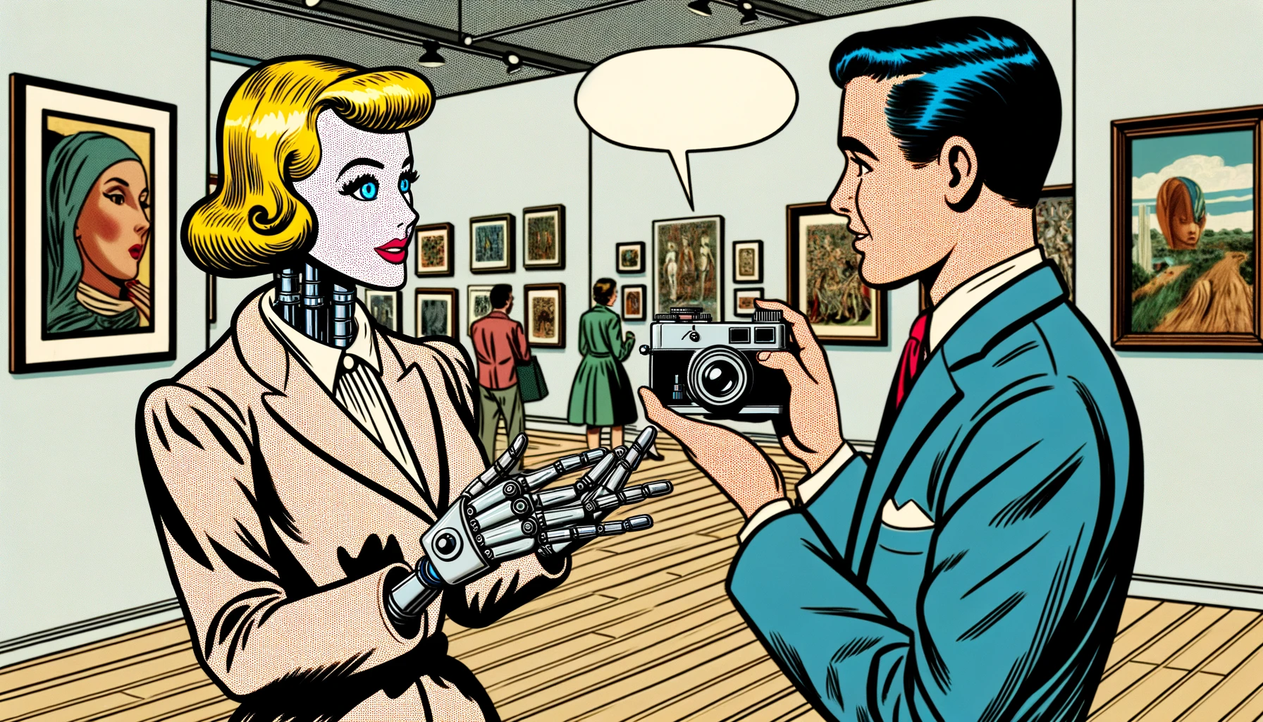 50-luvun tyylinen AI-reportteri antaa museossa ohjeita kuvaajalleen (joka on muuten ihminen, mikäli sillä nyt merkitystä on).
