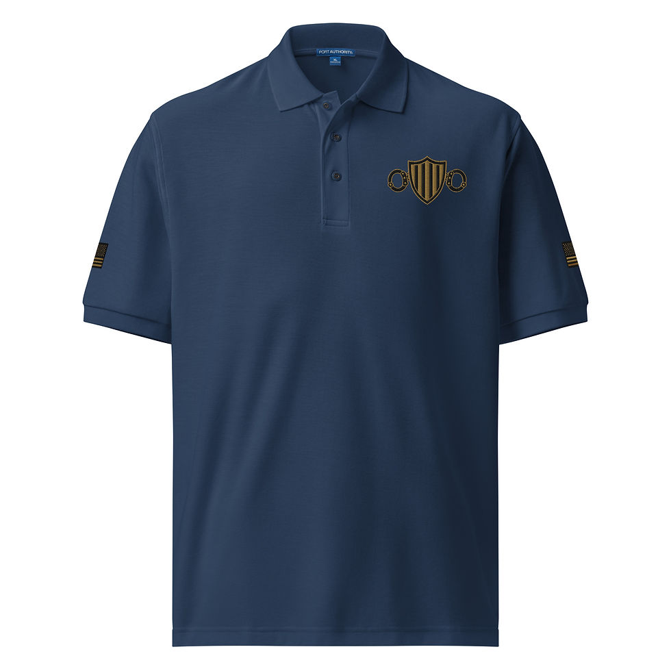 Thumbnail: Embroidered Patriotic Master C/O logo Black/Old Gold Men's Premium Polo