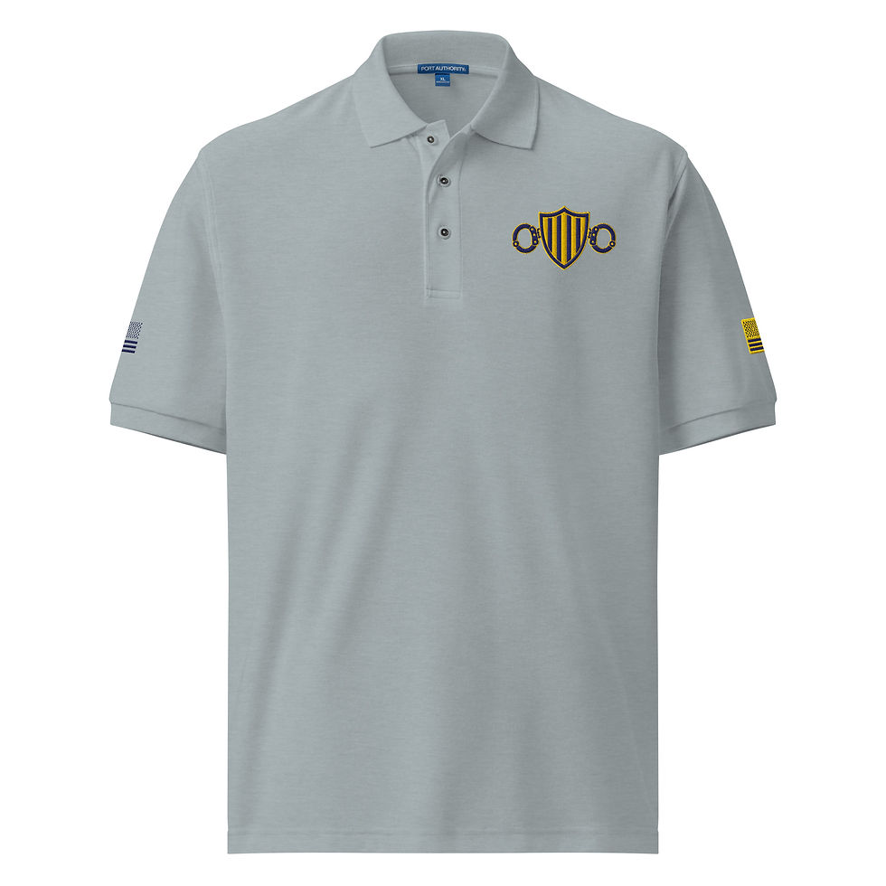 Thumbnail: Embroidered Patriotic Master C/O logo Gold/Navy Men's Premium Polo
