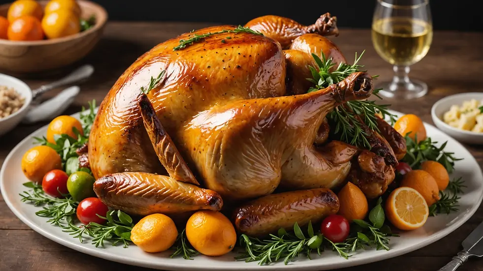 Roast turkey garnished with herbs