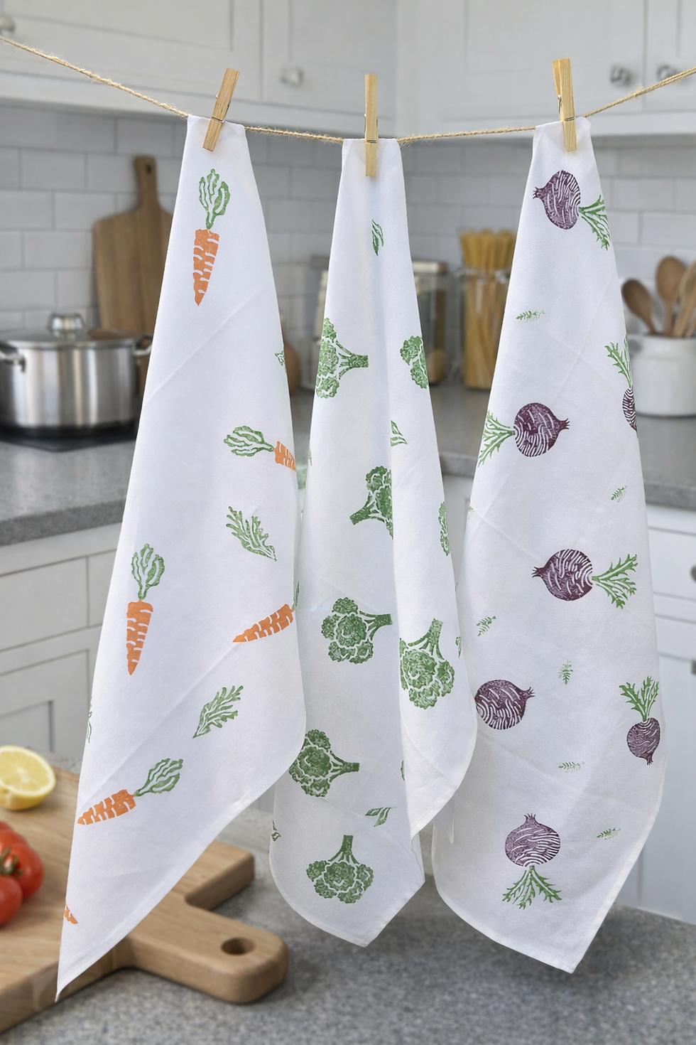 Vegetable prints on tea towels