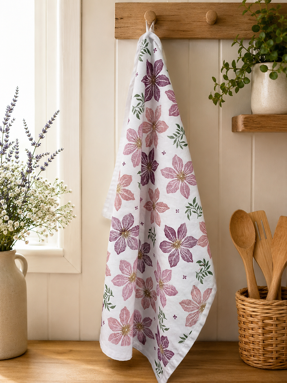 Hand printed floral tea towel