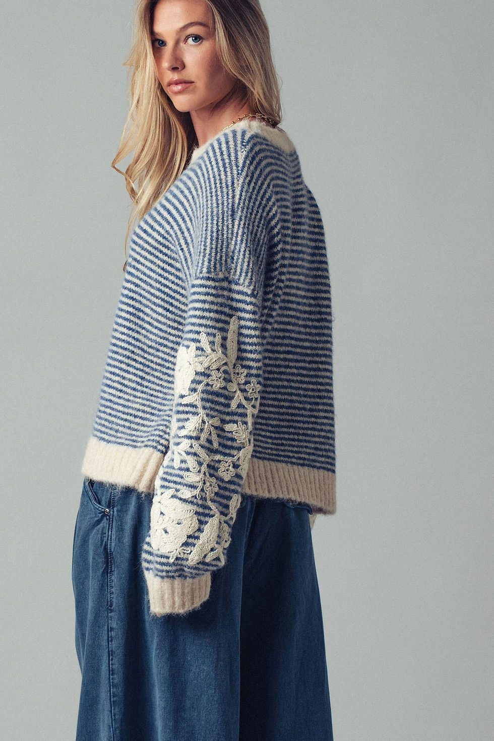 Thumbnail: Floral Embroidered Striped Knit Sweater
