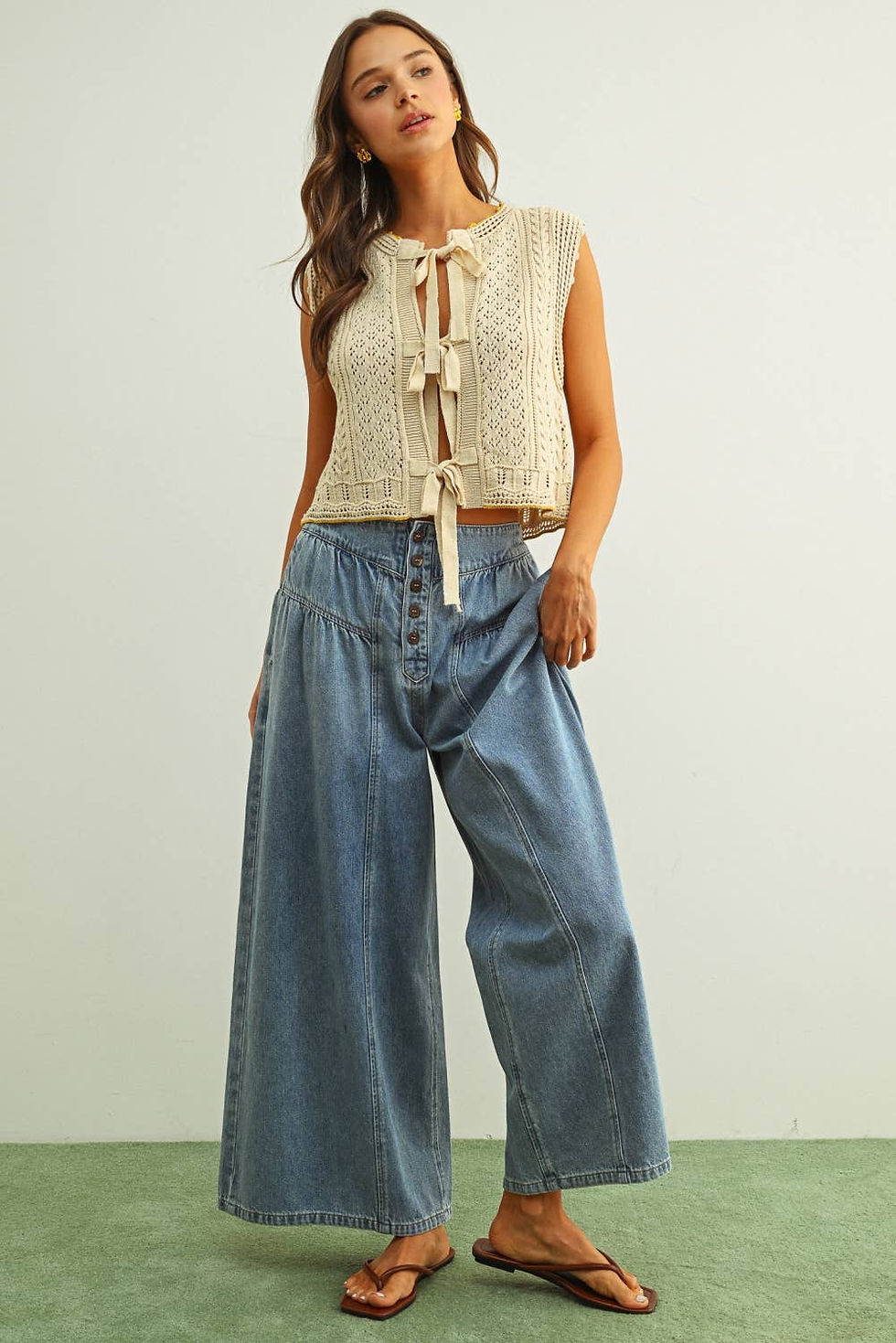 Thumbnail: J6865   FLORAL CROCHET KNIT VEST WITH TIE FRONT