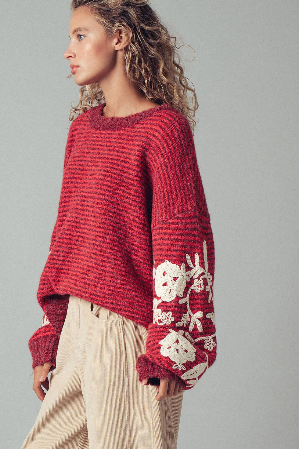 Thumbnail: Floral Embroidered Striped Knit Sweater
