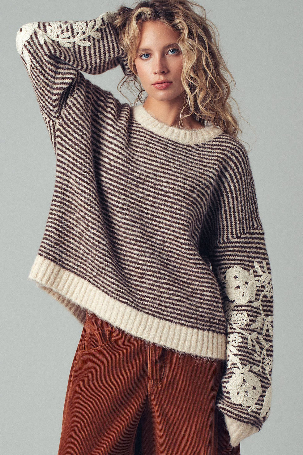 Thumbnail: Floral Embroidered Striped Knit Sweater
