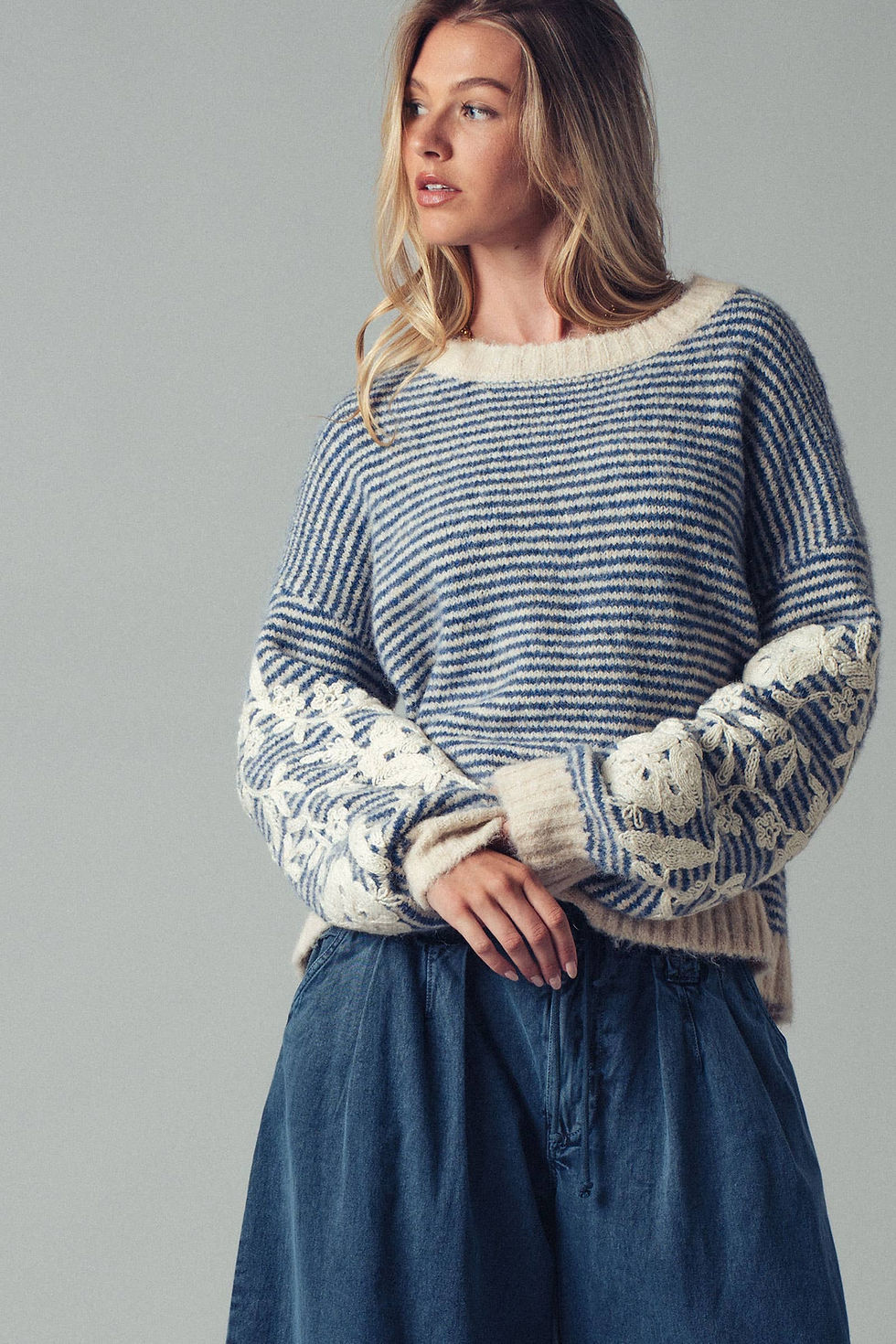 Thumbnail: Floral Embroidered Striped Knit Sweater