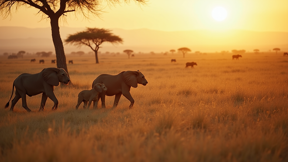Wide angle view of a family enjoying a safari in Africa