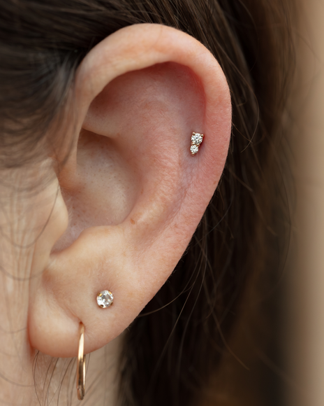 Helix piercing done with 14k solid gold BVLA jewellery in Auckland 