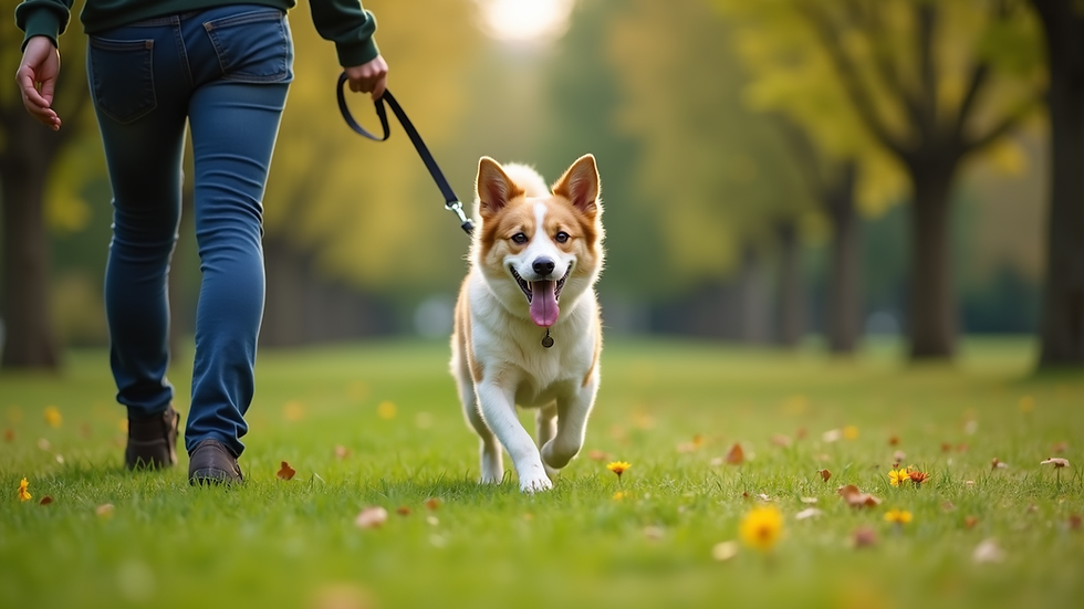 High angle view of a volunteer walking a happy dog on a leash in a green park near the rescue center