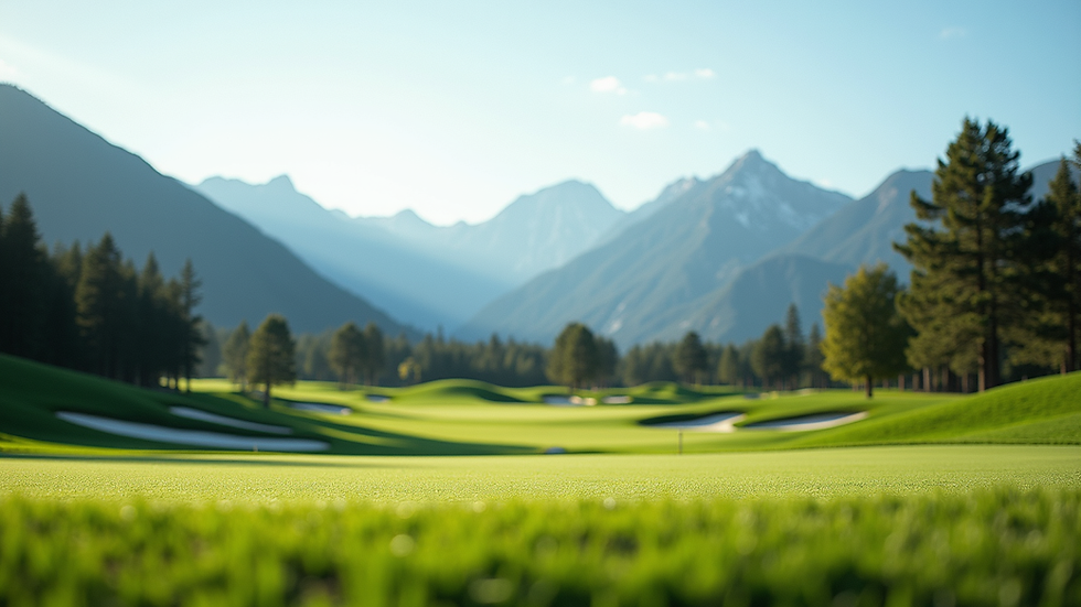 Eye-level view of a golf course with mountains in the background