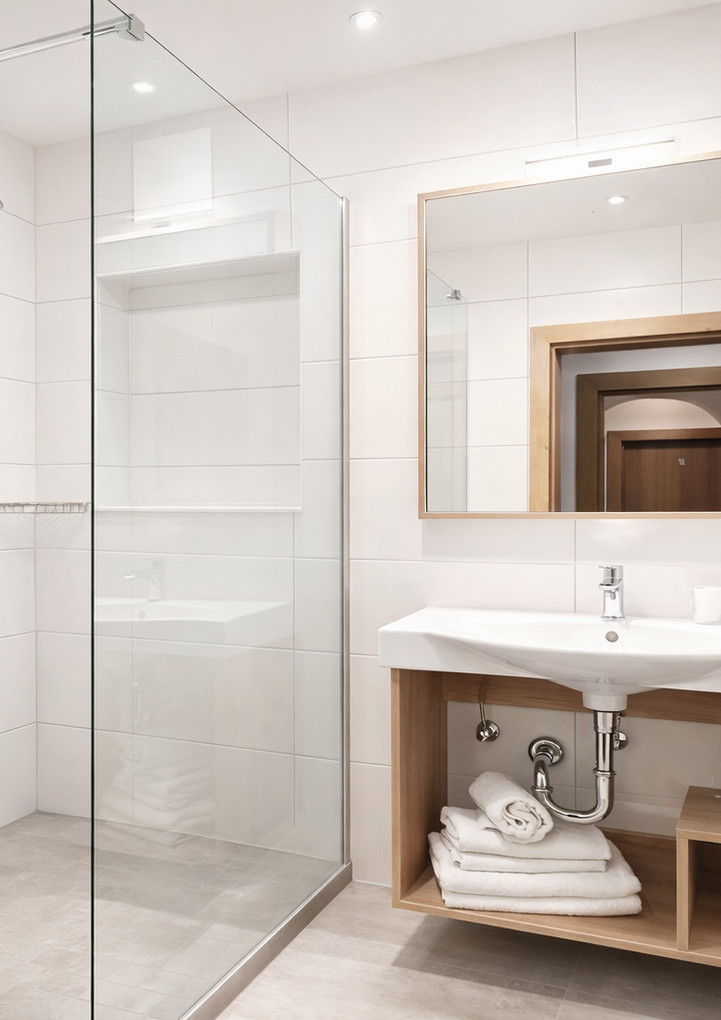 Modernes Badezimmer im Alpine Easy Stay mit Dusche, hellen Fliesen und hochwertiger Ausstattung