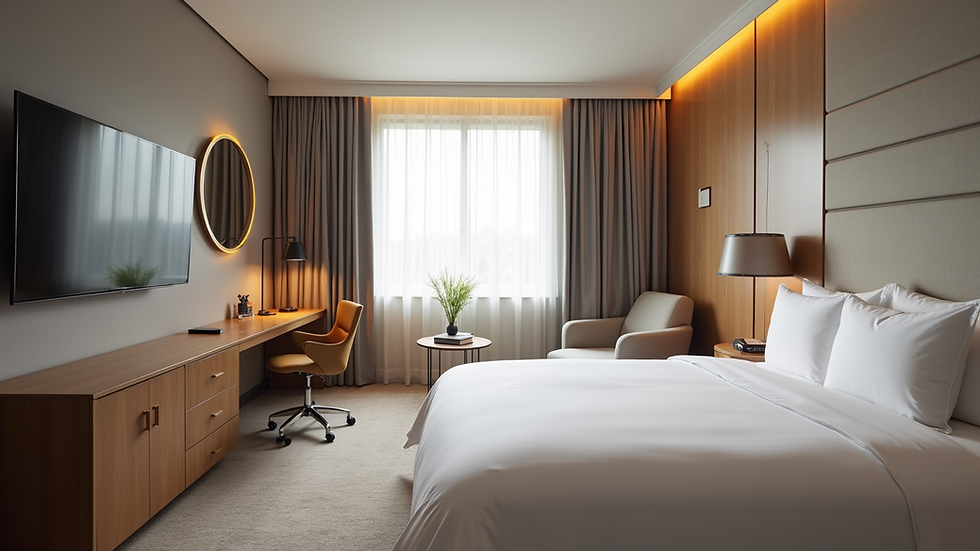 Eye-level view of a modern hotel room with stylish, functional furnishings