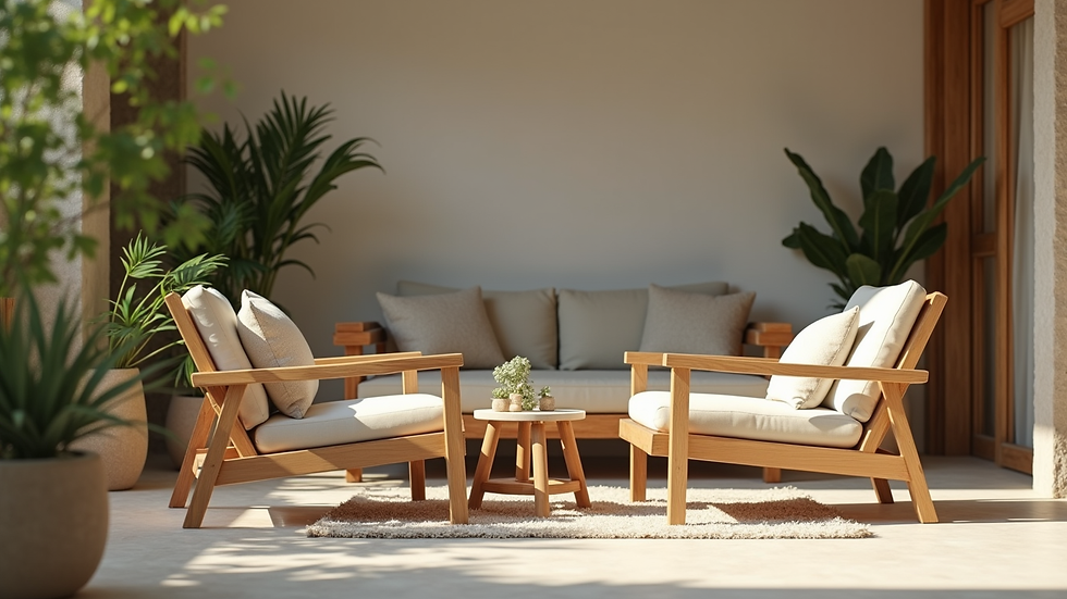 Close-up view of eco-friendly wooden furniture in a villa setting
