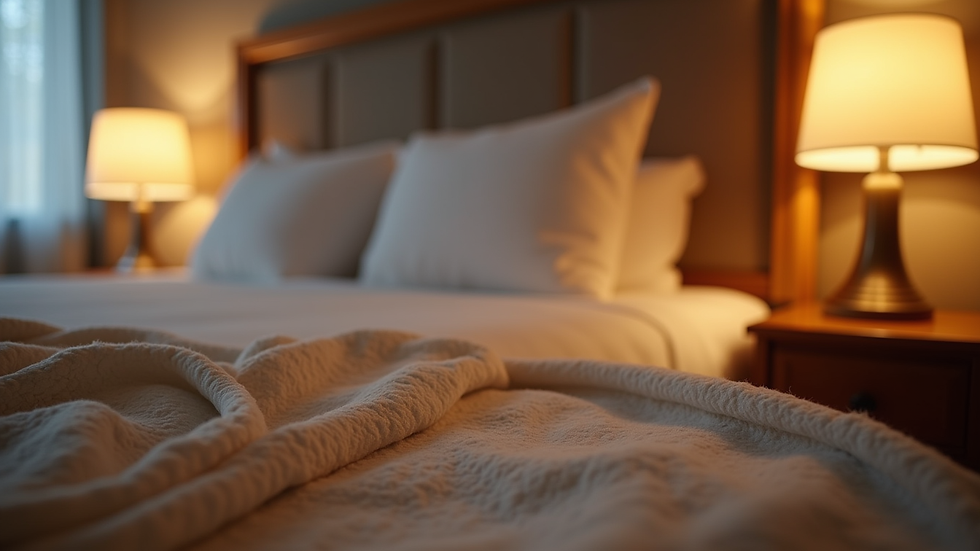 Close-up view of a well-decorated hotel room with cozy bedding and ambient lighting