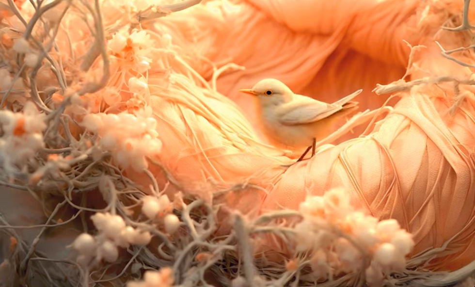 A bird of peach fuzz color on its peachy colored nest
