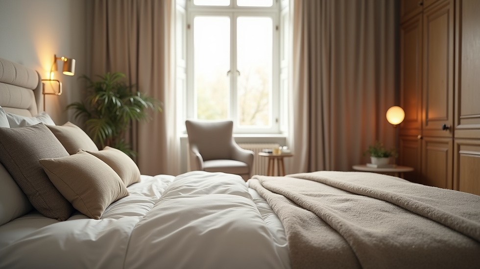 Close-up view of a stylish bedroom with modern furnishings and natural light