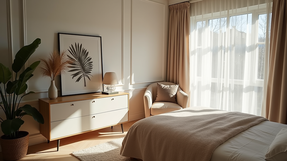 High angle view of a stylish furnished bedroom with natural light