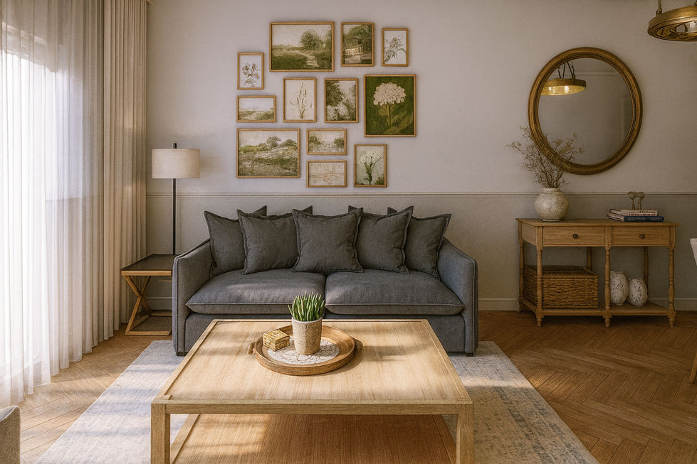 Cosy living room with layered textures and cottage-style decor in an apartment interior design project in Portimão.